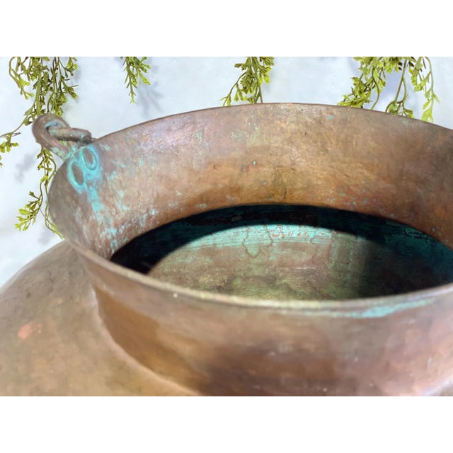 Hand Crafted Antique Copper Cauldron: Hand Hammered Firewood Bucket Green Patina Worn For Sale - Image 6 of 10