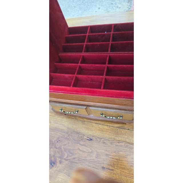 Coffee Vintage Wooden Jewelry Armoire With Etched Glass Doors & Red Velvet Lined Interior For Sale - Image 8 of 16