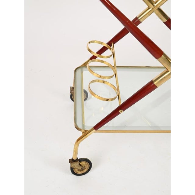 Brass and Burgundy Lacquered Wood Bar Cart by Cesare Lacca, Italy, 1950s For Sale - Image 11 of 15