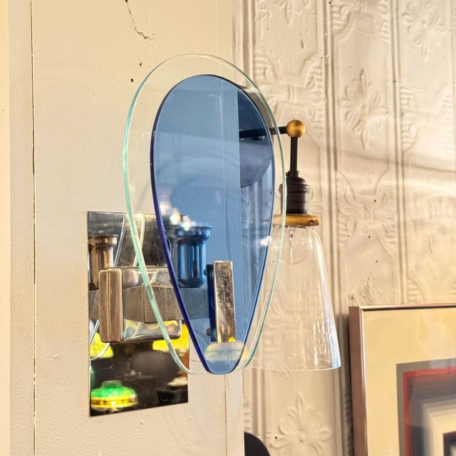 1970s Italian Blue Glass and Nickel Sconce Pair by Veca For Sale - Image 9 of 10