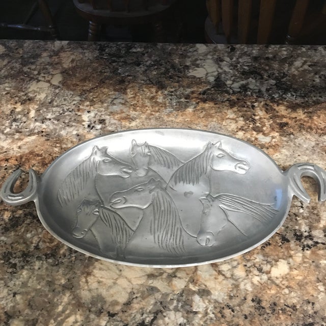 Mid 20th Century Pewter Horse Serving Tray With Horseshoe Handles