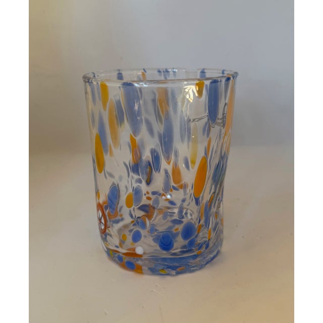 2020s Murano Hand-Made Glass Tumbler With Blue and Orange Confetti Pattern- Set 6 For Sale - Image 5 of 7
