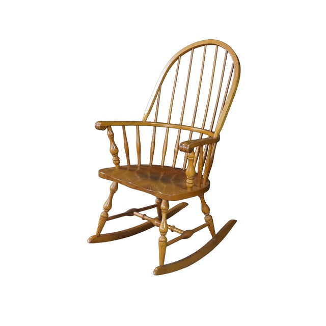 American Vintage Nichols & Stone Oak Windsor Rocking Chair Hoop Back Colonial Rocker For Sale - Image 3 of 17