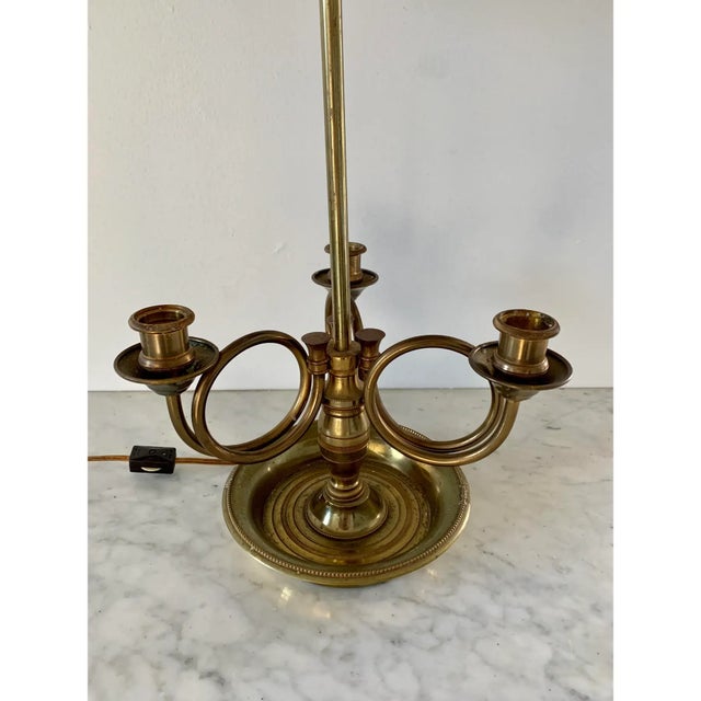 Mid 20th Century Mid 20th Century French Provincial Brass Three-Arm Horn Bouillotte Lamp With Red Tole Shade For Sale - Image 5 of 10