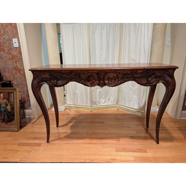 Antique Louis XV Style Inlaid Walnut/Kingwood/Mahagony and Maple Parquetry Featuring Ornate Carvings, Cabriole Legs and Center Figural Carvings For Sale - Image 9 of 9