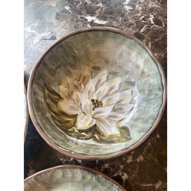1970s Plates and Bowls With White Flowers & Green Leaves From Hand-Painted Collection - Set of 12 For Sale - Image 4 of 8