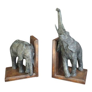 Maitland Smith Brass Elephant Bookends With Leather Base - a Pair For Sale
