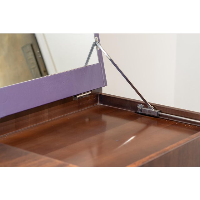 French Postmodern Dressing Table in Walnut Wood and Lilac Leather., 1980s For Sale - Image 12 of 16