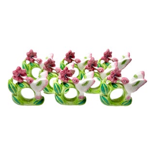Vintage Spring Hummingbird Napkin Rings – Hand Painted Ceramic Botanical Table Decor, Garden Party Table Setting – Set of 8 For Sale