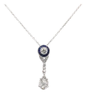 18k White Gold Natural Diamond and Pie Cut Sapphire Pendant With 14k Gold Chain