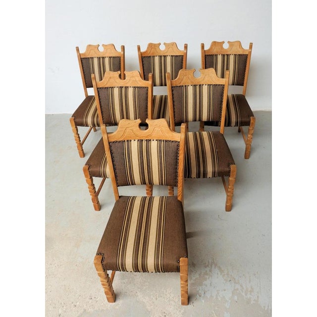 Brutalist Danish Oak Dining Chairs in the style of Henning Kjaernulf, 1960s, Set of 6 For Sale - Image 3 of 11