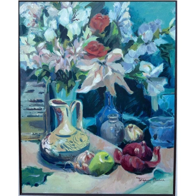1984 Torgesen Murdock Original Oil Painting – Floral Still Life With Lilies, Roses & Ceramic Pitcher For Sale - Image 4 of 18