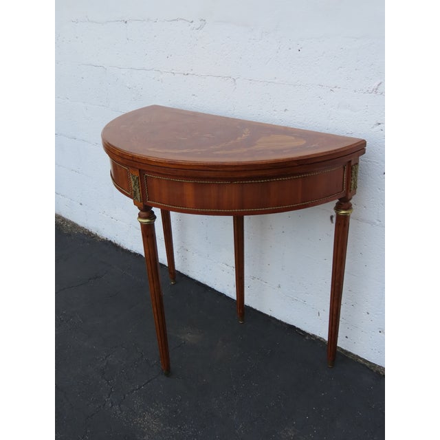 French Demilune Inlay Leather Top Console Flip Top Card Table 6916 For Sale - Image 12 of 18