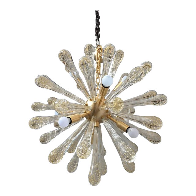 Murano Glass Sputnik Chandelier Featuring Gold Air Drops and Brushed Metal Frame For Sale