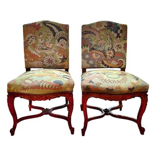 Pair of Antique Louis XIV Style, Needlepoint-Upholstered Side Chairs For Sale