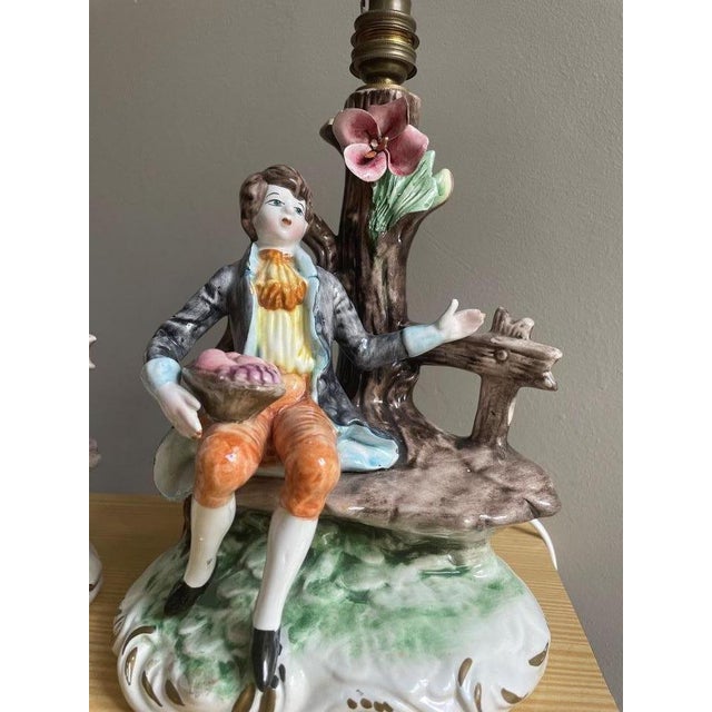 Italian Porcelain Dresden Style Romantic Figural Table Lamps by Capodimonte, 1930s, Set of 2 For Sale - Image 10 of 18