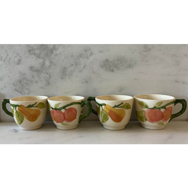 Set of 4 vintage coffee cups in the "Fresh Fruit" pattern made in the USA by Franciscan featuring a green branch handle...