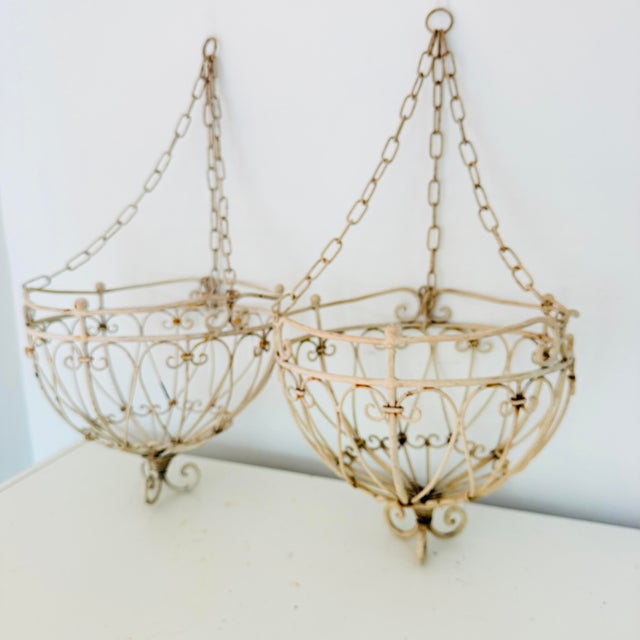 Vintage French Country Wrought Iron Hanging Planter Baskets, a Pair of Two For Sale In New York - Image 6 of 12