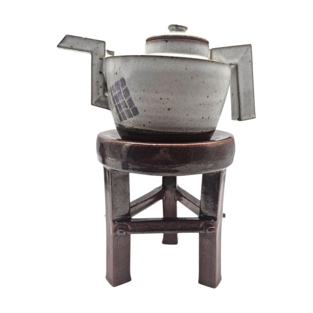 Postmodern Postmodern Memphis Style Studio Stoneware Teapot on Ceramic Pedestal 16.5" For Sale - Image 3 of 12