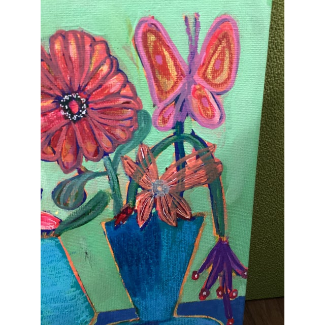 2020s Abstract Floral Still Life Painting, Colorful Modern Vase Art, MCM Style, Original 8x8 Teal Blue For Sale - Image 5 of 8
