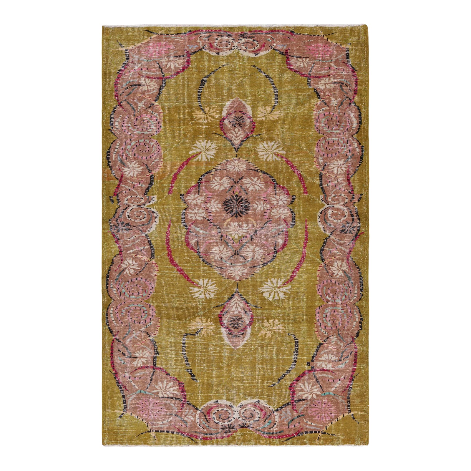 Vintage Zeki Müren Rug in Chartreuse With Floral Medallion, From Rug ...