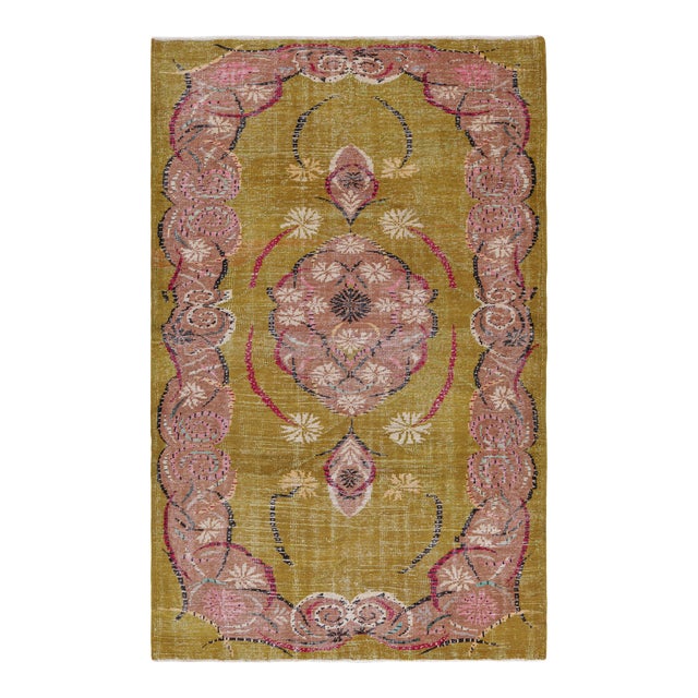 Vintage Zeki Müren Rug in Chartreuse With Floral Medallion, From Rug & Kilim For Sale