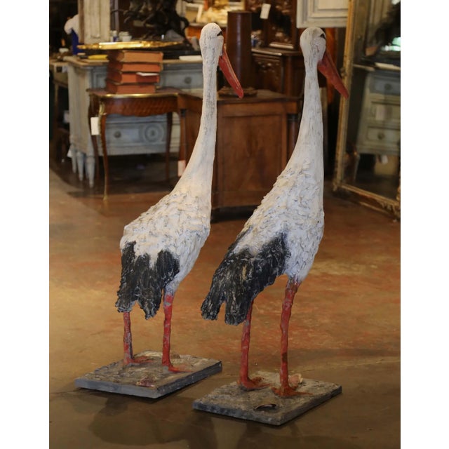 White Pair of Early 20th Century French Painted Concrete Stork Garden Sculptures For Sale - Image 8 of 10