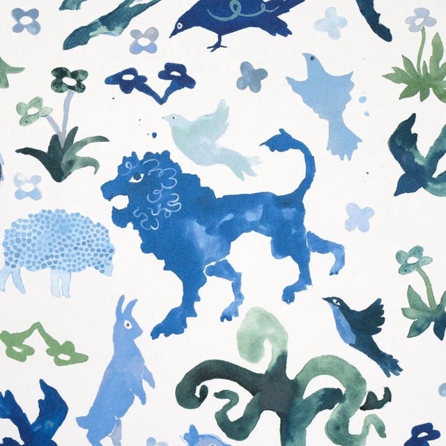 Happy Menocal Schumacher x Happy Menocal Beasts Wallpaper In Blue And Green For Sale - Image 4 of 6