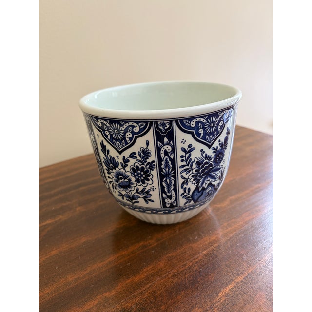 Chinoiserie Delfts Royal Boch Blue and White Chinoiserie Porcelain Cachepot Planter or Vase For Sale - Image 3 of 7