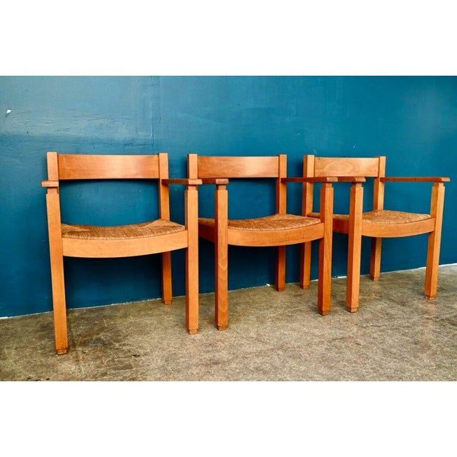 Brutalist Brutalist French Armchairs in Elm and Straw, 1970s, Set of 3 For Sale - Image 3 of 17