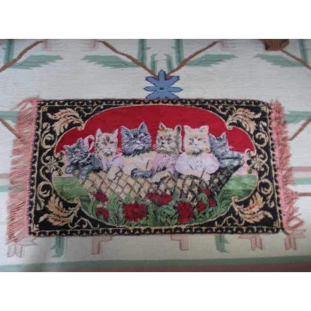 This is a Lovely Whimsical! Vintage Tapestry of a Basket of Cats that are all Dressed up on a red Background with Pink...