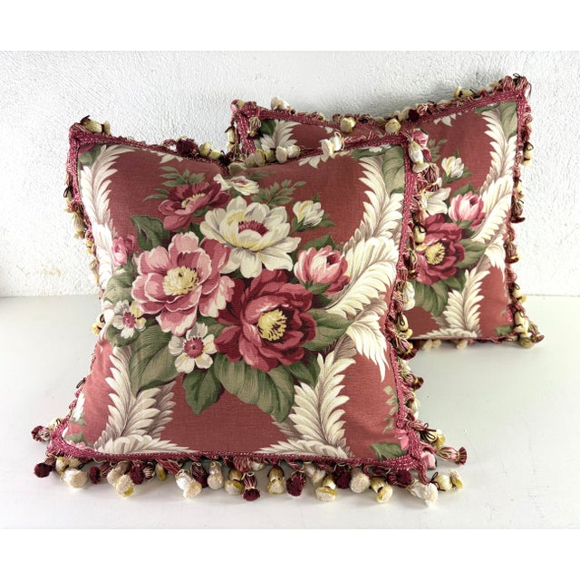 Early 20th Cent. Hand Printed Cotton Tasseled Floral Pillows/Pair For Sale In Philadelphia - Image 6 of 9
