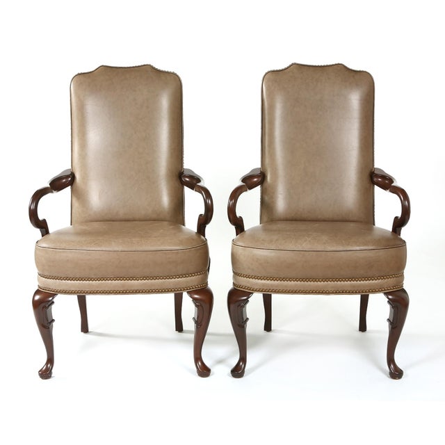 Coffee Pair of Queen Anne Style Leather Armchairs For Sale - Image 8 of 10