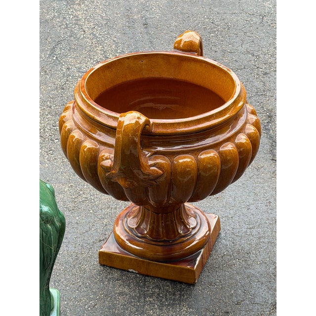 Monumental Glazed Ceramic Campana Urns on Pedestals 42" a Pair For Sale - Image 4 of 12