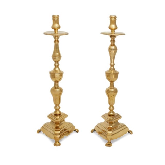 Baroque Pair Tall Continental Baroque Brass Candlesticks For Sale - Image 3 of 6