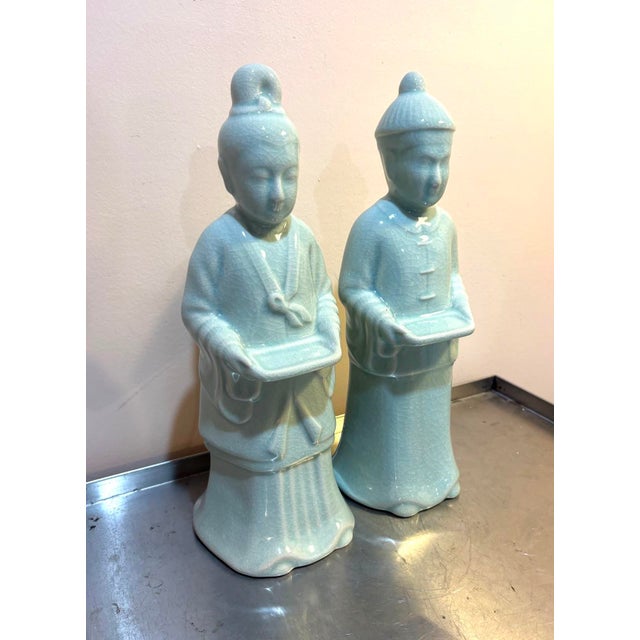 1960s Maitland-Smith Celadon Ceramic Asian Figurines / Statues Set of Two For Sale - Image 5 of 7