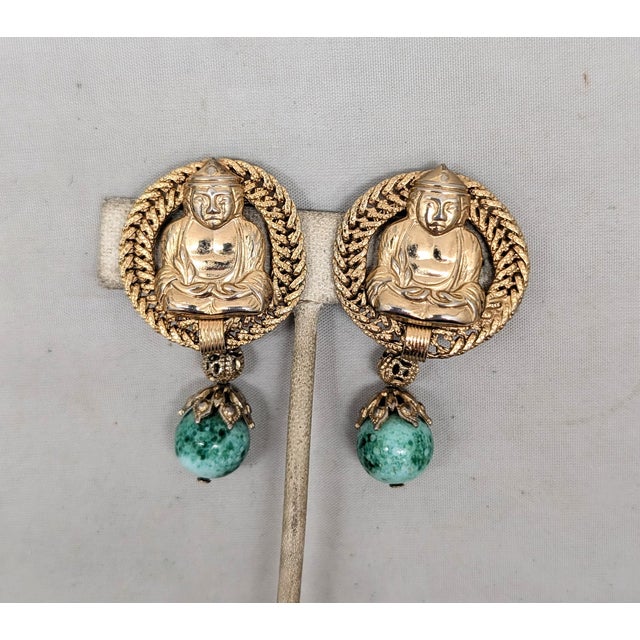 Vintage 1960s Signed Napier Goldtone Buddha Faux-Jade Drop Clip Earrings-2 Pieces For Sale In Philadelphia - Image 6 of 10