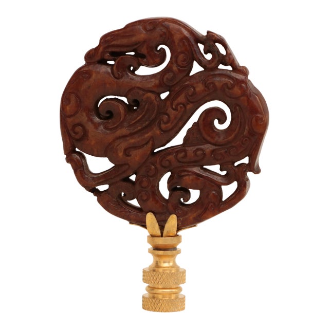 Prancing Dragon Carved Stone Lamp Finial on Brass Hardware For Sale