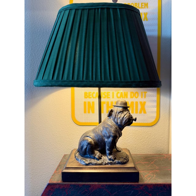 Mid-Century Modern Vintage Mario Buatta Frederick Cooper Bronze Bulldog Lamp Original Green Shade For Sale - Image 3 of 16