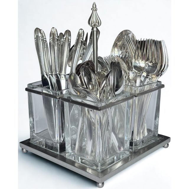 Vintage Pewter Tone Four Well Flatware Caddy For Sale - Image 11 of 15