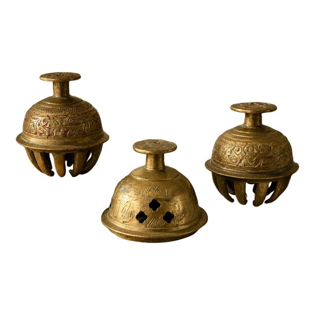 Vintage Indian Engraved Brass Decorative Bells — Set of 3 For Sale