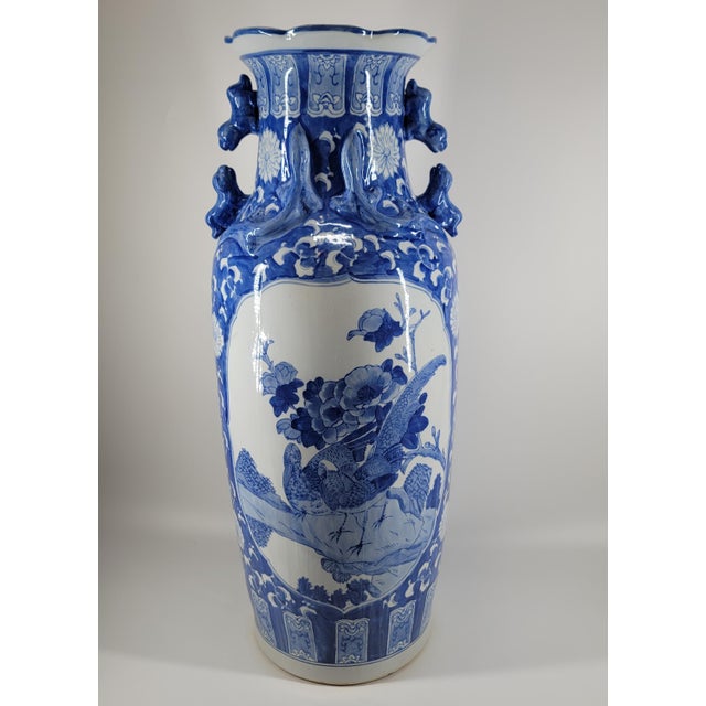 Mid-Century Modern Grand 40" Vintage Blue & White Chinoiserie Floor Vase & Carved Stand For Sale - Image 3 of 17