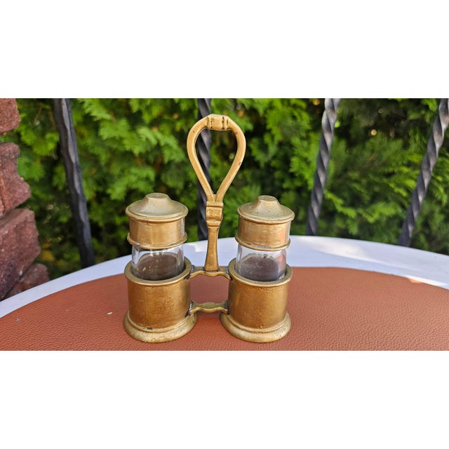 1920s Vintage Brass Salt and Pepper Set with Glass Inserts, 1920s, Set of 5 For Sale - Image 5 of 11