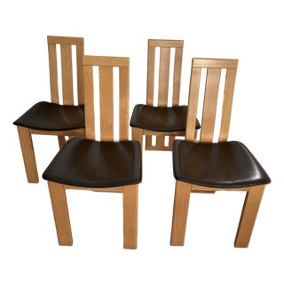 1980s Vintage Italian Wood and Brown Leather Chairs - In the Style of Pietro Costantini-Set of 4 For Sale
