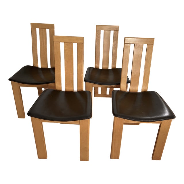 1980s Vintage Italian Wood and Brown Leather Chairs - In the Style of Pietro Costantini-Set of 4 For Sale