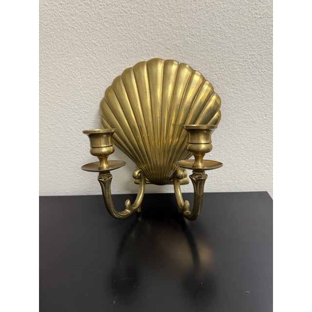 Mid-Century Hollywood Regency Brass Scallop Shell Double Candle Holder Wall Sconce For Sale - Image 9 of 12