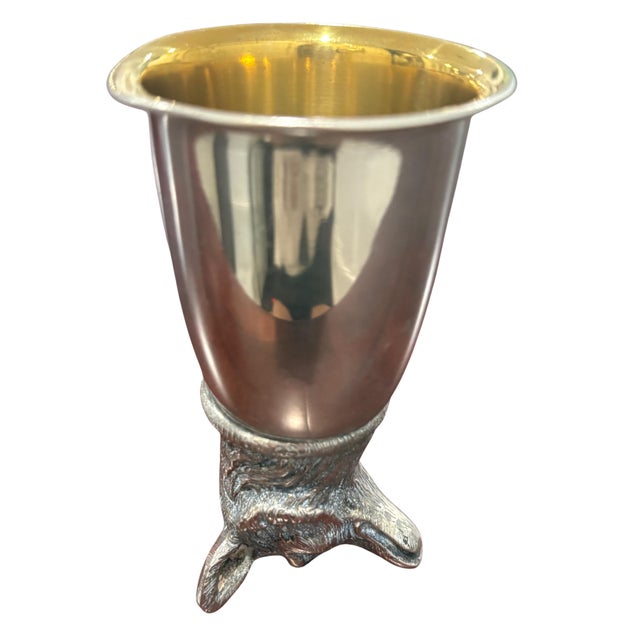 Vintage Gucci figural stirrup cup featuring a wonderfully detailed sculptural fox head beneath a polished silver-tone...
