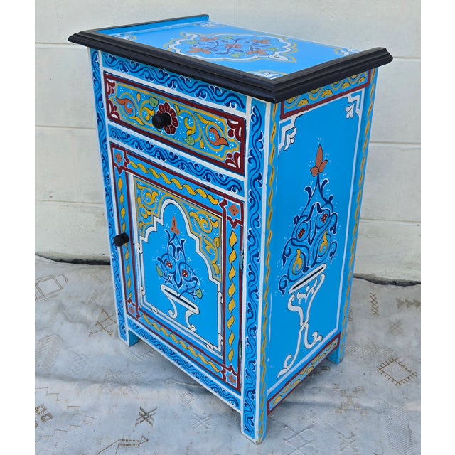 Moroccan Moroccan Hand Painted Wooden Nightstand, Turquoise Zouak For Sale - Image 3 of 6