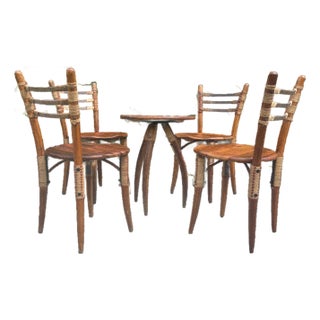 1990s Pacific Green Sculptural Leather Cord Chairs, With Side Table Set of 5 For Sale