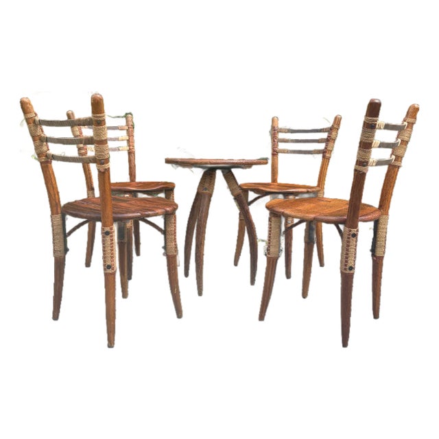 1990s Pacific Green Sculptural Leather Cord Chairs, With Side Table Set of 5 For Sale